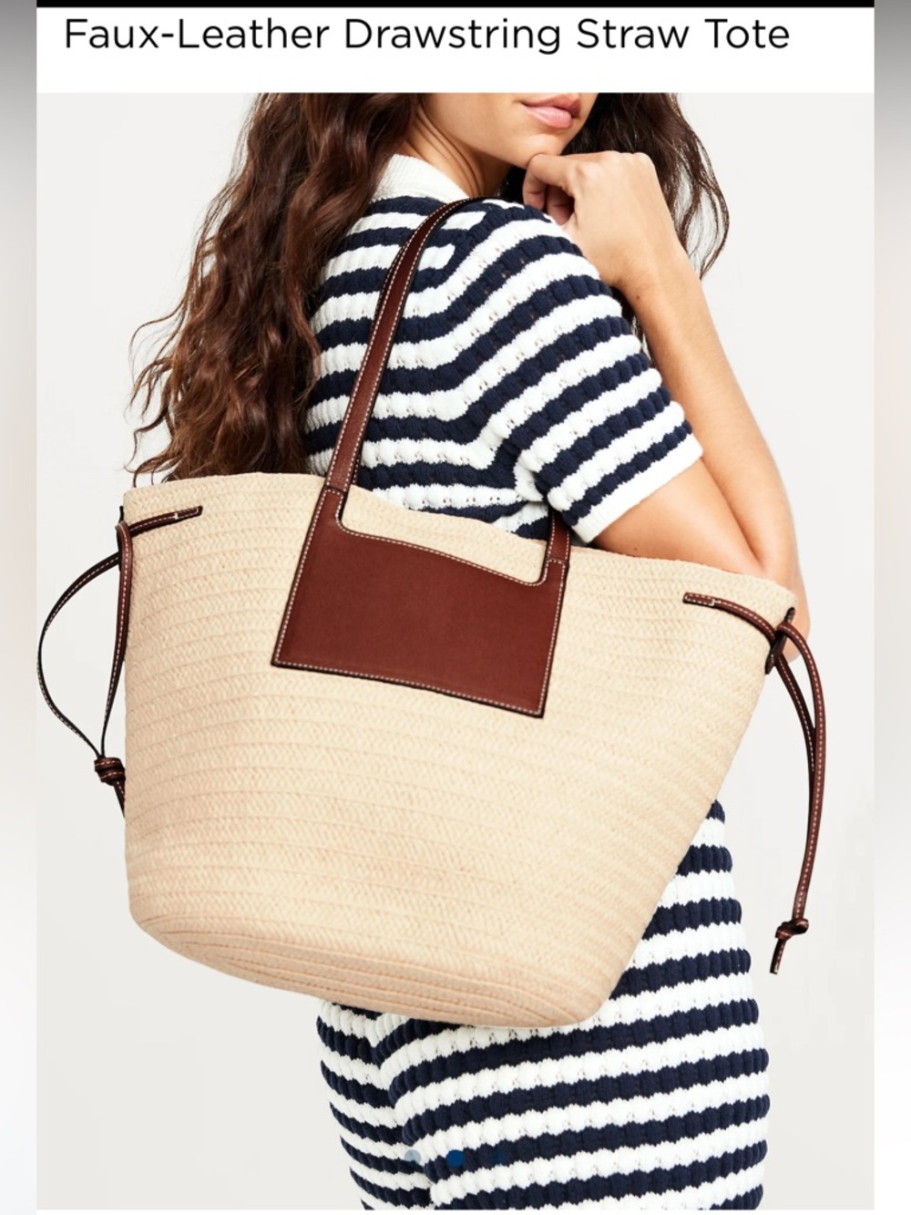 Old Navy Straw Tote with Brown Faux Leather Drawstring Women's Beach Bag